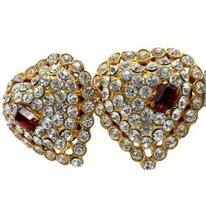 Donatella Pellini Vtg Italy 80s Gold Tone Heart Clip-On Earrings Clear Red